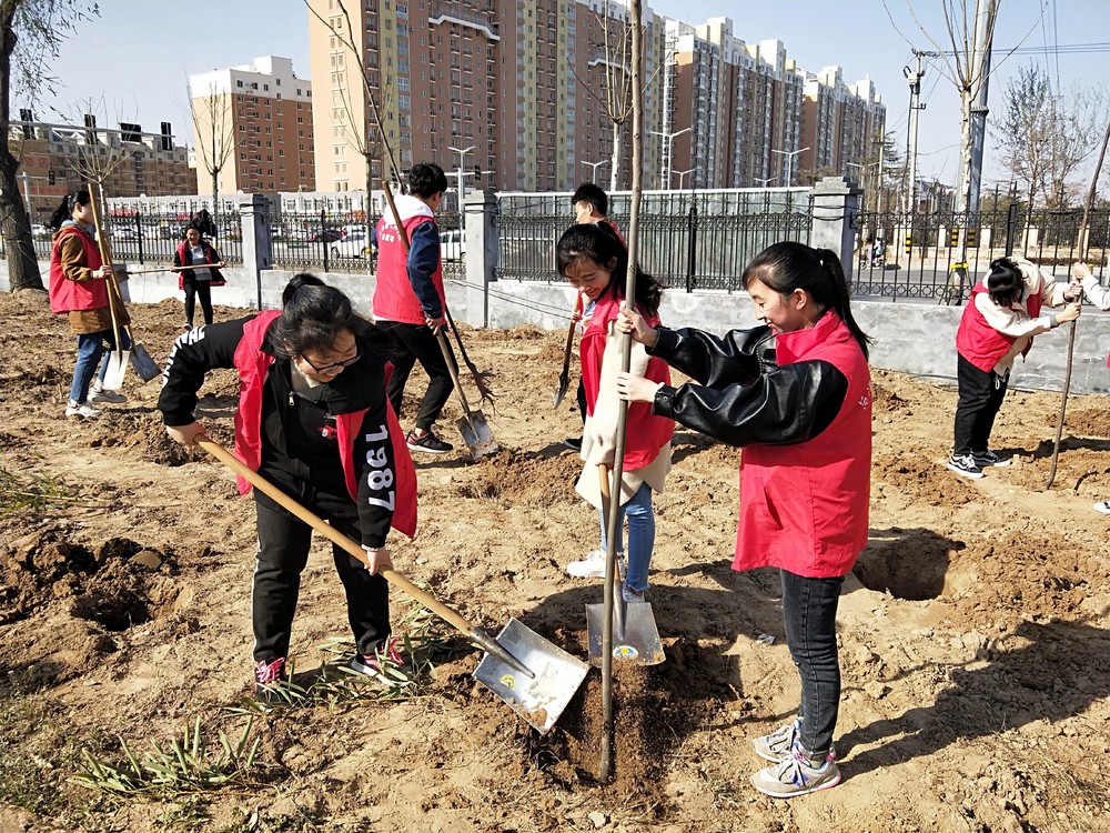我校组织学生志愿者开展义务植树活动