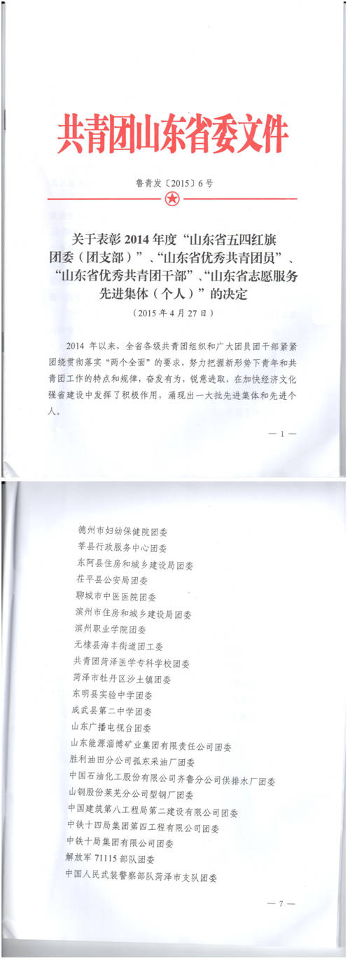我校团委荣获2014年度山东省五四红旗团委